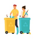 People putting rubbish in trash bins. Cartoon man and woman sorting garbage. Characters separate plastic and organic