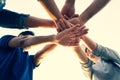 People putting their hands together. Friends with stack of hands showing unity and teamwork. Friendship happiness leisure Royalty Free Stock Photo