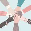 People putting their hands together. Teamwork support partnership vector concept. Social movement flat cartoon Royalty Free Stock Photo