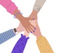 People putting their hands together. Unity and support gesture. Concept of support, teamwork and cooperation. Flat Royalty Free Stock Photo