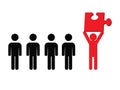 Silhouettes of five people, one of them is holding a puzzle piece Royalty Free Stock Photo