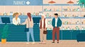 People in queue buying drugs in pharmacy store vector illustration. Pharmacist and clients in counter at pharmacy shop Royalty Free Stock Photo