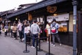 People queue to buy famous Hida beef Sushi in Takayama old town, Japan Royalty Free Stock Photo