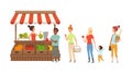 People queue to street counter. Kiosk with fresh fruits and vegetables, harvest season vector illustration