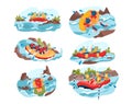 People rafting on river vector illustration set, cartoon flat man woman active team of characters sitting in rubber boat Royalty Free Stock Photo