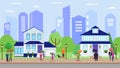 People in rain with umbrellas on street near home houses vector illustration banner.