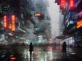 people in a rainy street in a futuristic asian city at night with illuminated shops signs buildings and glowing neon lights Royalty Free Stock Photo