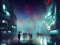 rainy street in a futuristic asian city at night with illuminated shops signs buildings and glowing neon lights Royalty Free Stock Photo