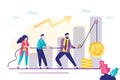 People raise golden coin using a rope. Profit and Income Increase. Teamwork, businesspeople working together. Growth chart Royalty Free Stock Photo