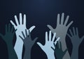 People raise their hands, vote with their hands. The concept of multinationality, diversity, union and power. Volunteering,