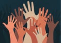 People raise their hands, vote with their hands. The concept of multinationality, diversity, union and power. Volunteering,