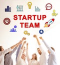 People raising fists together and different icons. Startup team