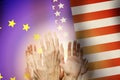 People raising hands and flag USA and UE on background Royalty Free Stock Photo