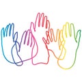 People raising their hands. Rainbow colors continuous line vector illustration. Royalty Free Stock Photo
