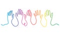 People raising their hands. Rainbow colors continuous line vector illustration. Royalty Free Stock Photo