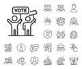Voting campaign line icon. People rally with signs. Specialist, doctor and job competition. Vector
