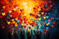 People reach their hand to colorful hearts in the sky, volenteer and humanitarian help concept, charity and friendship Royalty Free Stock Photo