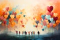 People reach their hand to colorful hearts in the sky, volenteer and humanitarian help concept, charity and friendship, support Royalty Free Stock Photo