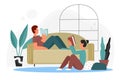 People read books at home vector illustration, cartoon flat couple booklovers reading books from library or bookstore