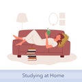 People read and study, education or hobby, young woman student lying on sofa, reading