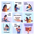 People reading books. Cartoon young men and women enjoying of imaginative literature. Collection of posters with happy