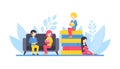 People Reading Books, Tiny Girl Sitting on Pile of Books, Students Relaxing and Reading Together Flat Vector