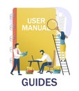 People reading guidebook, writing guidance, advices, instruction manual, vector illustration. User guide, user manual.