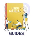 People reading guidebook, writing guidance, advices, instruction manual, vector illustration. User guide, user manual. Royalty Free Stock Photo