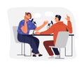 People recording podcast. Man and woman in headphones talking and interviewing for radio broadcast. Online audio Royalty Free Stock Photo