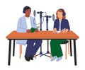 People recording podcast. Man and woman in headphones talking and interviewing for radio broadcast. Royalty Free Stock Photo