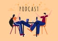 People recording podcast in studio flat vector illustration. Radio host interviewing guests on radio station cartoon characters. Royalty Free Stock Photo