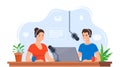 People recording podcast in studio. Radio host interviewing guest on radio station. Man and woman in headphones talking. Royalty Free Stock Photo