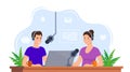 People recording podcast in studio. Radio host interviewing guest on radio station. Man and woman in headphones talking. Royalty Free Stock Photo