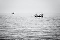 People on the red boat, Gulf of Trieste, Italy, colorless