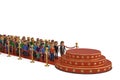 People on red carpet and red round podium with barrier rope. 3D