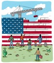 People refugees in front of a Usa wall flag