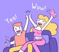 People rejoice at the event together concept. Vector illustration of happy woman and man sitting on sofa high five.