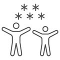 People rejoice snow thin line icon, World snow day concept, two happy men in snowy weather sign on white background Royalty Free Stock Photo