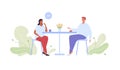 People relationship and dating concept. Vector flat style illustration. Couple of man and woman sitting by table friend or lover Royalty Free Stock Photo