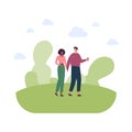 People relationship and dating concept. Vector flat style illustration. Couple of walking caucasian man and african american woman Royalty Free Stock Photo