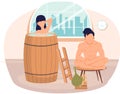 People in relationship are resting in sauna. Couple is bathing and spending romantic time together Royalty Free Stock Photo