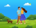 People in relationship walk on fresh air sunny day. Owners in love with pet, dog in city park Royalty Free Stock Photo