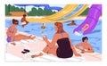 People relax in aquapark. Men and women have fun in water, slide on waterslide, sunbathing on sunbeds. Girls and boys Royalty Free Stock Photo