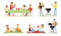 People relax on the barbecue and picnic. Vector illustration.