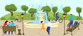 People relax in city park outdoor enjoying fountain, trees, nature, happy family with kids, relaxation vector Royalty Free Stock Photo