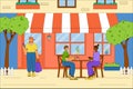 People relax and drink coffee outdoors. The building of the summer cafe with outdoor tables and chairs. Vector concept Royalty Free Stock Photo