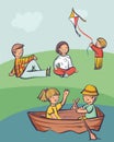 People relax outdoor, kid launch a kite, couples in boat and on grass. Cartoon style vector illustration, simply editable set Royalty Free Stock Photo