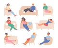 People relax sofa and chairs. Relaxed sitting and sleeping adults, flat men and women. Teenage tired, mother at home on