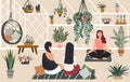 People relax yoga and meditation in greenhouse hygge home, women siiting room with green plants relaxing flat vector