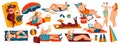 People relaxing on beach, set of body positive cartoon characters isolated on white, vector illustration